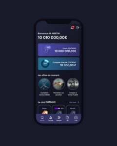 UI design et direction artistique de l'application mobile Distingo Bank. Studio de création d'application mobile et design graphique