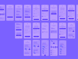 Wireframes de l'application mobile sociale Yanomi. Studio de création d'application mobile UI/UX design